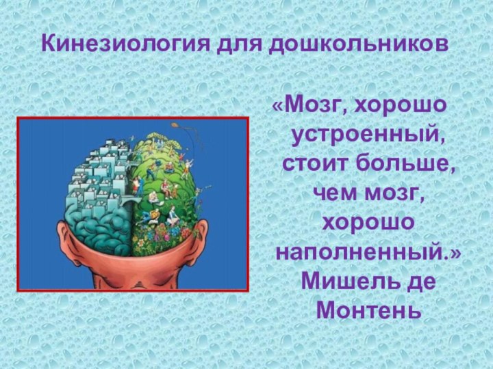 Кинезиология для дошкольников«Мозг, хорошо устроенный, стоит больше, чем мозг, хорошо наполненный.»Мишель де Монтень