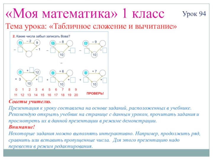 «Моя математика» 1 классУрок 94Тема урока: «Табличное сложение и вычитание»Советы учителю.Презентация к