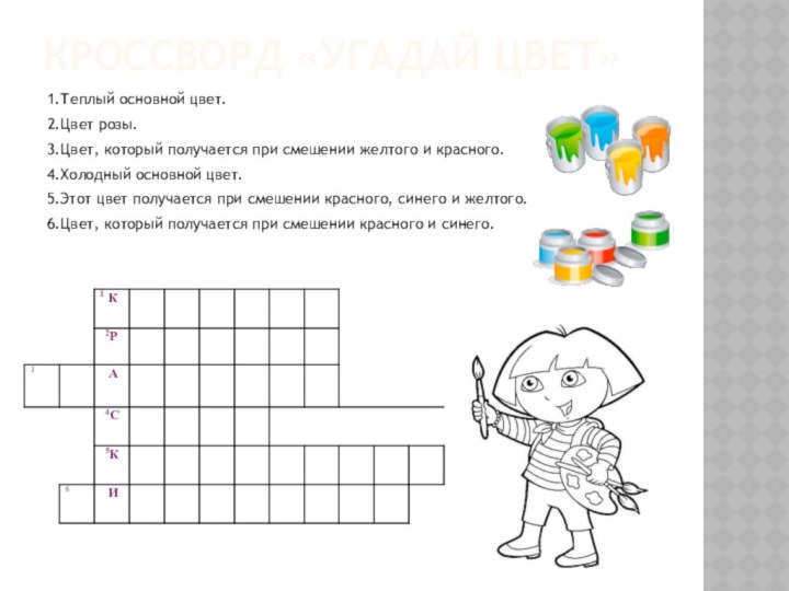 Кроссворд «Угадай цвет»1.Теплый основной цвет.2.Цвет розы.3.Цвет, который получается при смешении желтого и