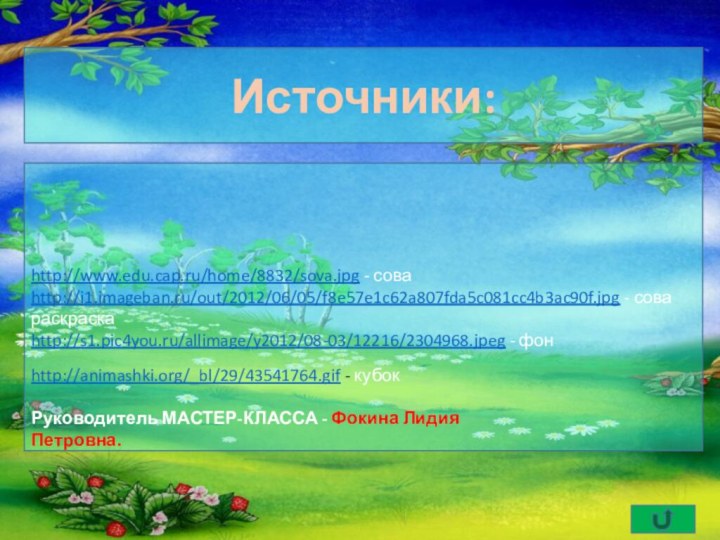 http://www.edu.cap.ru/home/8832/sova.jpg - сова http://i1.imageban.ru/out/2012/06/05/f8e57e1c62a807fda5c081cc4b3ac90f.jpg - сова раскраскаhttp://s1.pic4you.ru/allimage/y2012/08-03/12216/2304968.jpeg - фон Источники:http://animashki.org/_bl/29/43541764.gif - кубокРуководитель МАСТЕР-КЛАССА - Фокина Лидия Петровна.