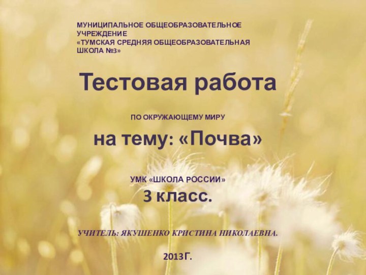 Тестовая работапо окружающему миру на тему: «Почва»УМК «Школа России»3 класс.Учитель: Якушенко Кристина