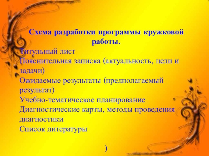 Схема разработки программы кружковой работы.Титульный листПояснительная записка (актуальность, цели и