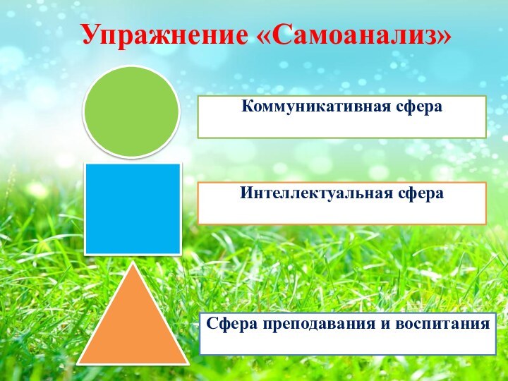 Упражнение «Самоанализ» Сфера преподавания и воспитания Коммуникативная сфера Интеллектуальная сфера