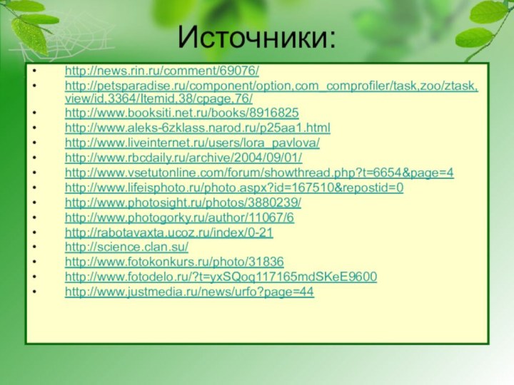 Источники:http://news.rin.ru/comment/69076/http://petsparadise.ru/component/option,com_comprofiler/task,zoo/ztask,view/id,3364/Itemid,38/cpage,76/http://www.booksiti.net.ru/books/8916825http://www.aleks-6zklass.narod.ru/p25aa1.htmlhttp://www.liveinternet.ru/users/lora_pavlova/http://www.rbcdaily.ru/archive/2004/09/01/http://www.vsetutonline.com/forum/showthread.php?t=6654&page=4http://www.lifeisphoto.ru/photo.aspx?id=167510&repostid=0http://www.photosight.ru/photos/3880239/http://www.photogorky.ru/author/11067/6 http://rabotavaxta.ucoz.ru/index/0-21http://science.clan.su/http://www.fotokonkurs.ru/photo/31836http://www.fotodelo.ru/?t=yxSQoq117165mdSKeE9600http://www.justmedia.ru/news/urfo?page=44