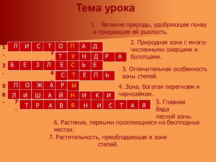 Тема урокаЯвление природы, удобряющее почву и придающее ей рыхлость.2. Природная зона с