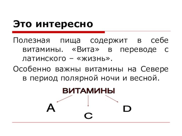 Это интересноПолезная пища содержит в себе витамины. «Вита» в переводе с латинского