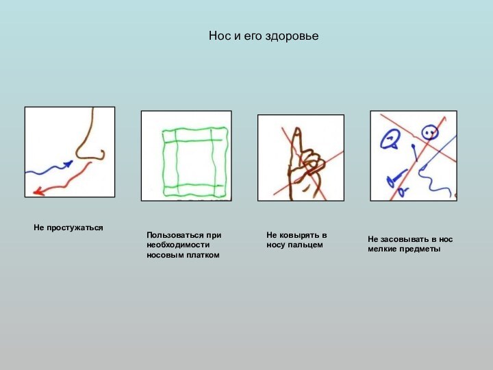 Нос и его здоровьеНе простужатьсяНе ковырять в носу пальцемПользоваться при необходимости носовым