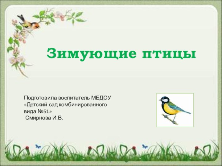 Зимующие птицыПодготовила воспитатель МБДОУ «Детский сад комбинированного вида №51» Смирнова И.В.