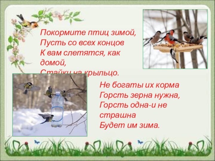 Покормите птиц зимой, Пусть со всех концов К вам слетятся, как домой,