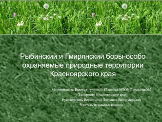 Исследовательская работа ученицы 4 кл. :Рыбинский и Гмирянский боры - особо охраняемые природные территории Красноярского края. материал по окружающему миру (4 класс) по теме 2017 год в Российской Федерации объявлен Годом особо охраняемых природных террит