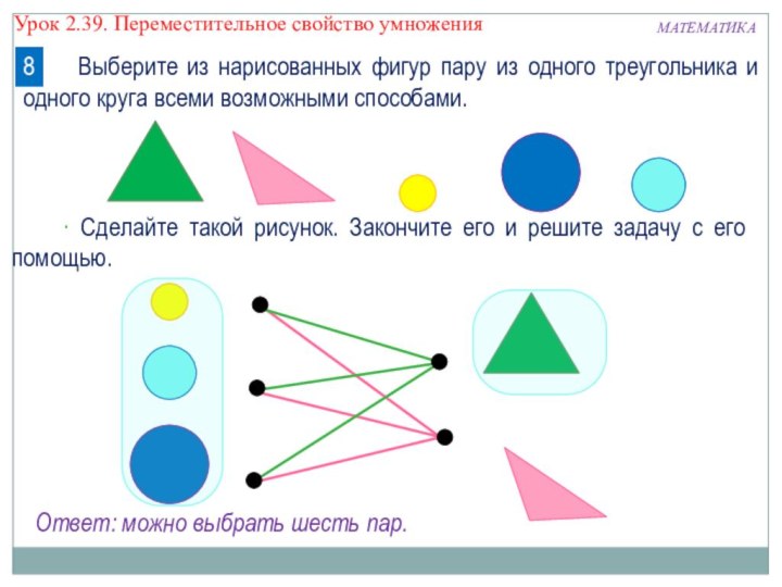 МАТЕМАТИКАУрок 2.39. Переместительное свойство умножения   Выберите из нарисованных фигур пару