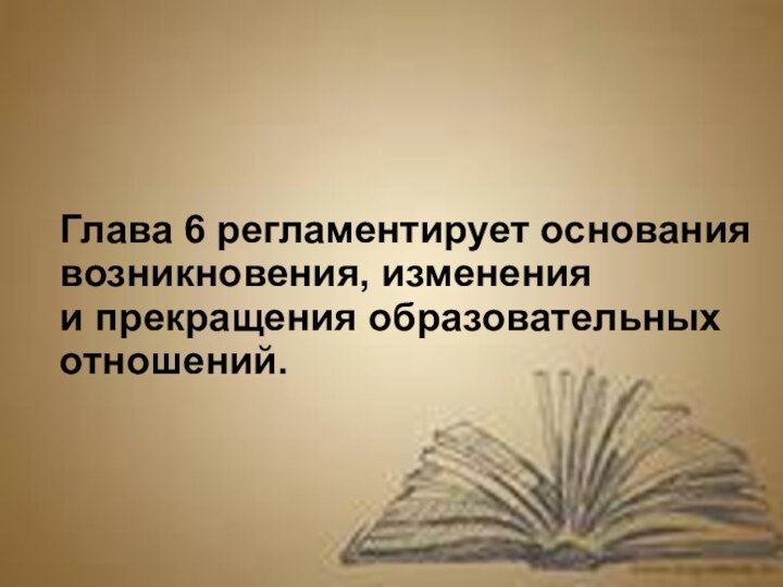 Глава 6 регламентирует основания возникновения, изменения и прекращения образовательных отношений.