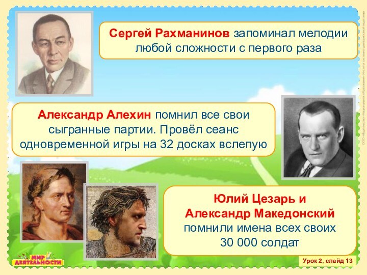 Урок 2, слайд 13Сергей Рахманинов запоминал мелодии любой сложности с первого разаАлександр