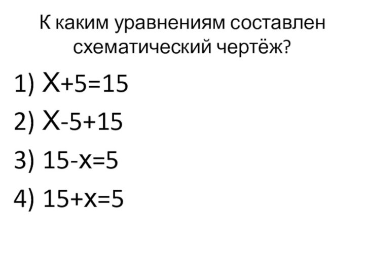 К каким уравнениям составлен схематический чертёж?Х+5=15Х-5+1515-х=515+х=5