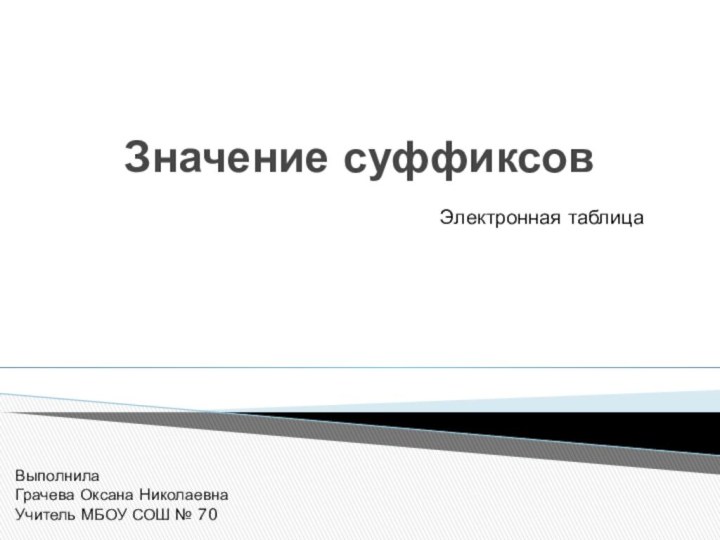 Значение суффиксовЭлектронная таблицаВыполнилаГрачева Оксана НиколаевнаУчитель МБОУ СОШ № 70