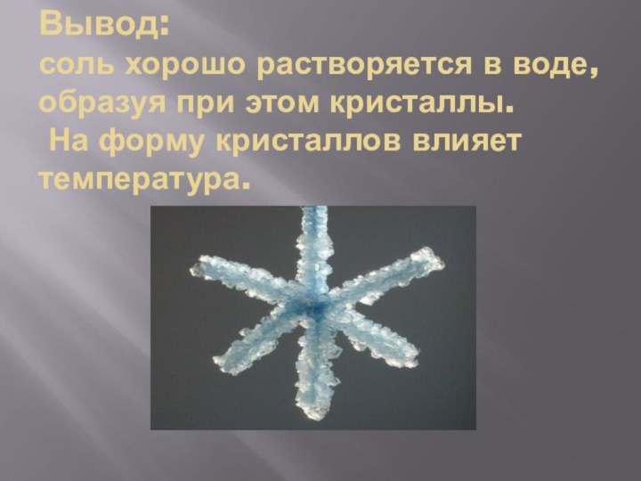 Вывод: соль хорошо растворяется в воде, образуя при этом кристаллы.