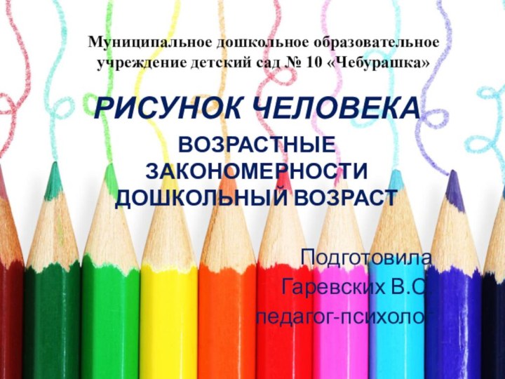 Муниципальное дошкольное образовательное учреждение детский сад № 10 «Чебурашка»РИСУНОК ЧЕЛОВЕКАВОЗРАСТНЫЕ ЗАКОНОМЕРНОСТИ ДОШКОЛЬНЫЙ ВОЗРАСТПодготовилаГаревских В.С.педагог-психолог