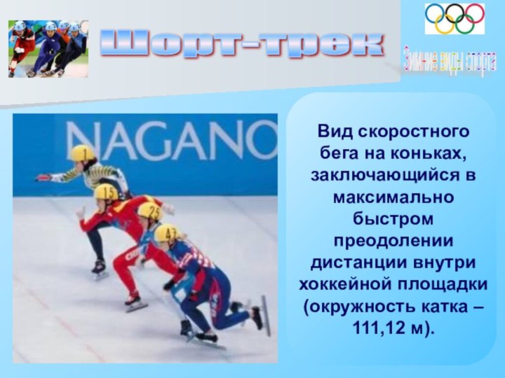 Шорт-трек Зимние виды спорта Вид скоростного бега на коньках, заключающийся в максимально