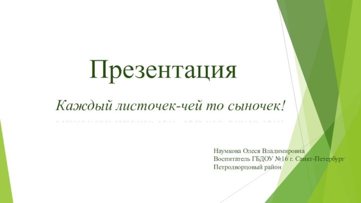 Каждый листочек-чей то сыночек!Презентация Наумкова Олеся ВладимировнаВоспитатель ГБДОУ №16 г. Санкт-ПетербургПетродворцовый район