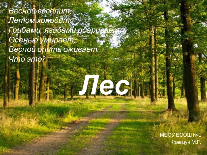 ЛесМБОУ ЕСОШ №1Кравцун М.Г.Весной веселит,  Летом холодит,  Грибами, ягодами одаривает,  Осенью умирает,  Весной опять оживает.Что это?