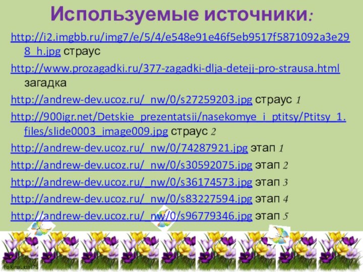 Используемые источники:http://i2.imgbb.ru/img7/e/5/4/e548e91e46f5eb9517f5871092a3e298_h.jpg страусhttp://www.prozagadki.ru/377-zagadki-dlja-detejj-pro-strausa.html загадкаhttp://andrew-dev.ucoz.ru/_nw/0/s27259203.jpg страус 1http:///Detskie_prezentatsii/nasekomye_i_ptitsy/Ptitsy_1.files/slide0003_image009.jpg страус 2http://andrew-dev.ucoz.ru/_nw/0/74287921.jpg этап 1http://andrew-dev.ucoz.ru/_nw/0/s30592075.jpg этап 2http://andrew-dev.ucoz.ru/_nw/0/s36174573.jpg