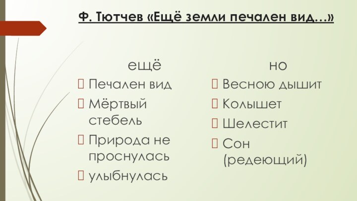 Ф. Тютчев «Ещё земли печален вид…»ещёПечален видМёртвый стебельПрирода не проснуласьулыбнуласьноВесною дышитКолышетШелеститСон (редеющий)