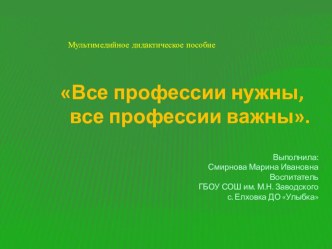 Мультимедийное пособие Все профессии нужны, все профессии важны. презентация урока для интерактивной доски (старшая группа)