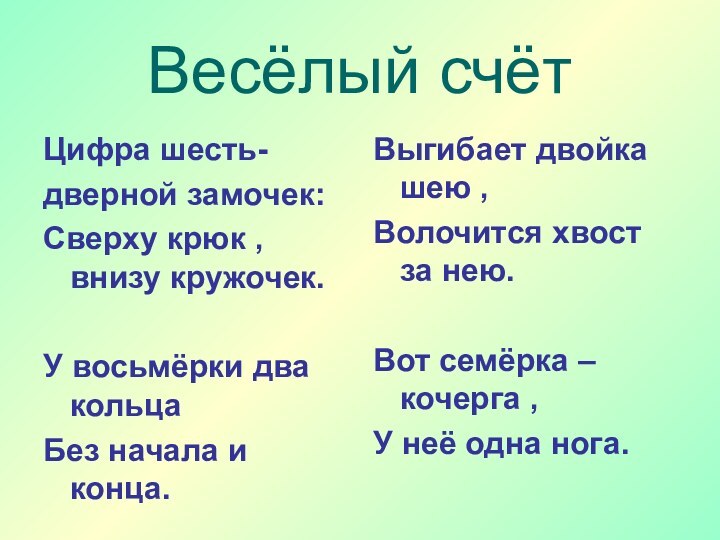 Весёлый счётЦифра шесть-дверной замочек:Сверху крюк , внизу кружочек.У восьмёрки два кольцаБез начала