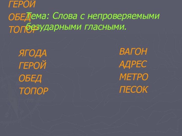 ЯГОДАГЕРОЙОБЕДТОПОРЯГОДАГЕРОЙОБЕДТОПОРВАГОНАДРЕСМЕТРОПЕСОКТема: Слова с непроверяемымибезударными гласными.