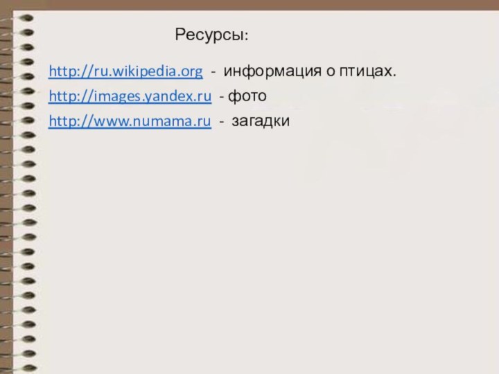 Ресурсы:http://ru.wikipedia.org - информация о птицах.http://images.yandex.ru - фотоhttp://www.numama.ru - загадки