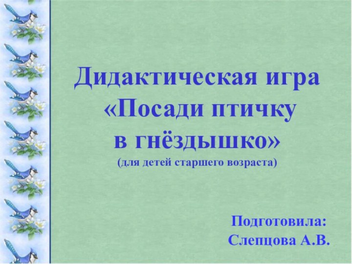 Дидактическая игра  «Посади птичку  в гнёздышко» (для детей старшего возраста)Подготовила:Слепцова А.В.