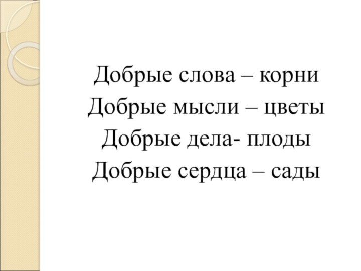 Добрые слова – корниДобрые мысли – цветыДобрые дела- плодыДобрые сердца – сады