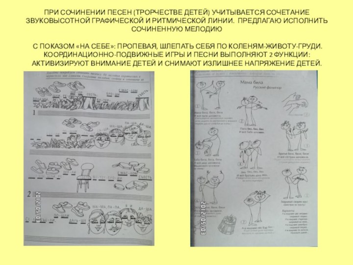 ПРИ СОЧИНЕНИИ ПЕСЕН (ТРОРЧЕСТВЕ ДЕТЕЙ) УЧИТЫВАЕТСЯ СОЧЕТАНИЕ ЗВУКОВЫСОТНОЙ ГРАФИЧЕСКОЙ И РИТМИЧЕСКОЙ ЛИНИИ.