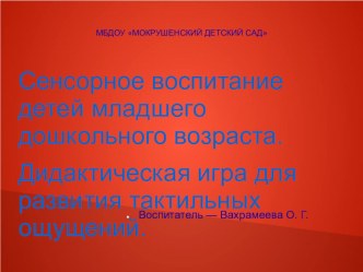 Сенсорное воспитание детей младшего дошкольного возраста. Дидактическая игра для развития тактильных ощущений презентация к уроку (младшая, средняя группа)