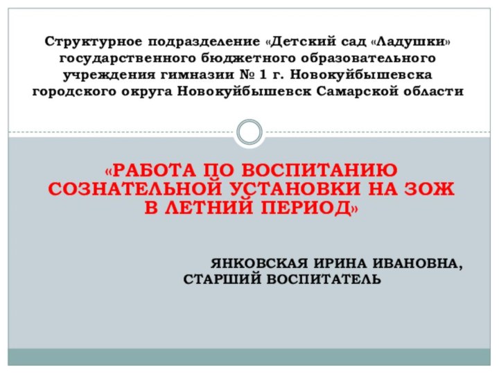 «работа по воспитанию сознательной установки на ЗОЖ в летний период» Янковская Ирина