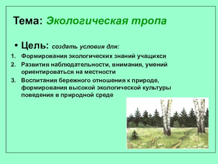 Тема: Экологическая тропаЦель: создать условия для:Формирования экологических знаний учащихсяРазвития наблюдательности, внимания, умений