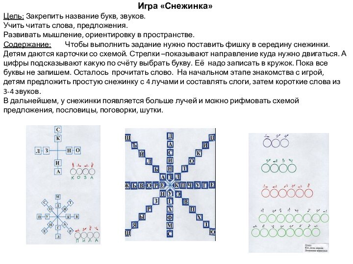 Игра «Снежинка»Цель: Закрепить название букв, звуков.Учить читать слова, предложения.Развивать мышление, ориентировку в