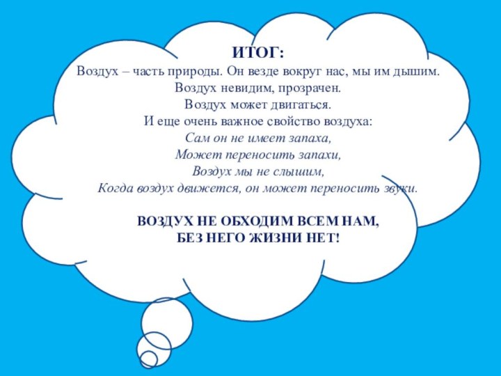 ИТОГ:  Воздух – часть природы. Он везде вокруг нас, мы им