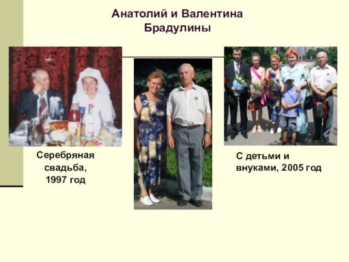 Анатолий и Валентина БрадулиныСеребрянаясвадьба, 1997 годС детьми и внуками, 2005 год