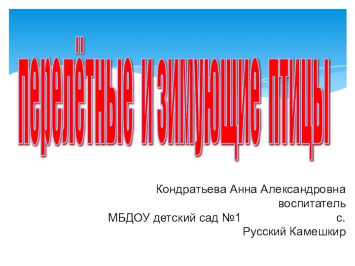 перелётные и зимующие птицы Кондратьева Анна Александровнавоспитатель МБДОУ детский сад №1