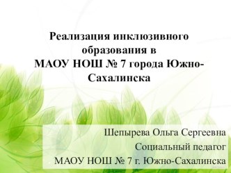 Реализация инклюзивного образования в МАОУ НОШ № 7 города Южно-Сахалинска методическая разработка