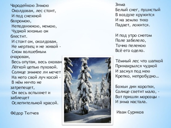 Чародейкою Зимою Околдован, лес стоит, И под снежной бахромою, Неподвижною, немою, Чудной