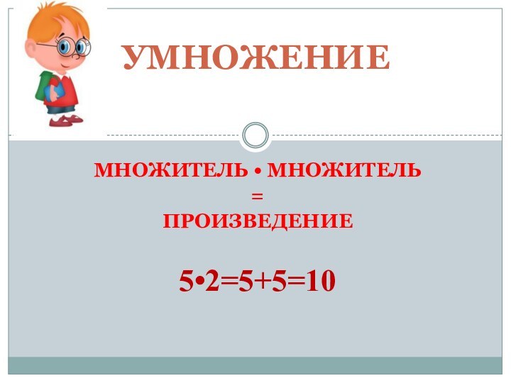 множитель • множитель=Произведение5•2=5+5=10УМНОЖЕНИЕ