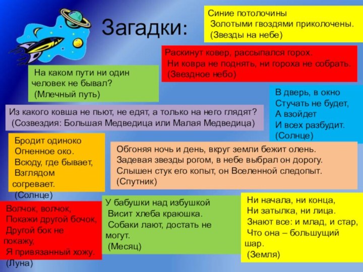 Загадки:  На каком пути ни один человек не бывал?  (Млечный путь)Раскинут ковер,