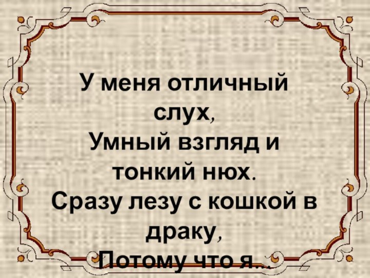 СОБАКА У меня отличный слух, Умный взгляд и тонкий нюх. Сразу лезу