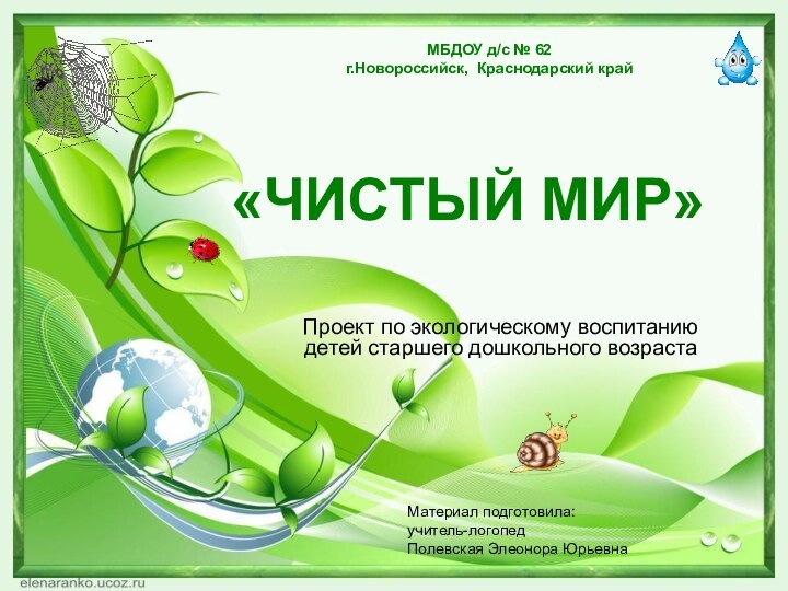 «ЧИСТЫЙ МИР»Проект по экологическому воспитанию детей старшего дошкольного возрастаМатериал подготовила: учитель-логопедПолевская Элеонора