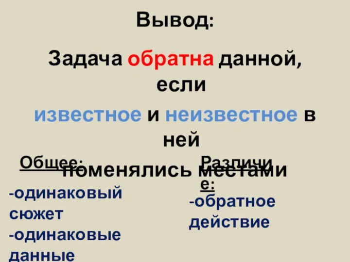 Вывод:Задача обратна данной, если известное и неизвестное в ней поменялись местамиОбщее:Различие:-одинаковый сюжет-одинаковые данные-обратное действие