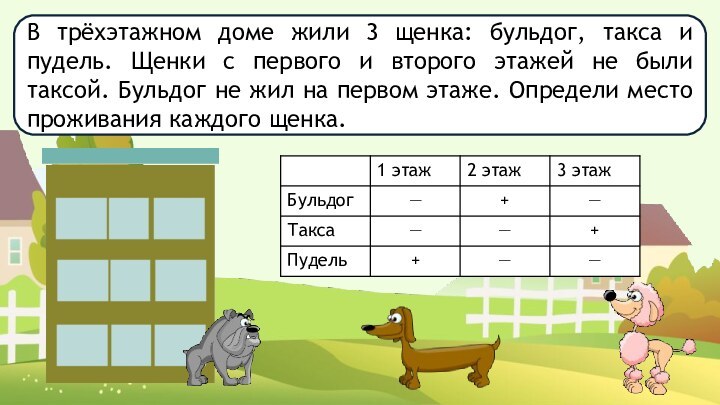 В трёхэтажном доме жили 3 щенка: бульдог, такса и пудель. Щенки с