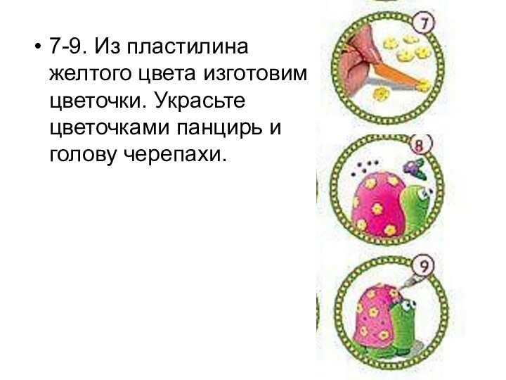 7-9. Из пластилина желтого цвета изготовим цветочки. Украсьте цветочками панцирь и голову черепахи.