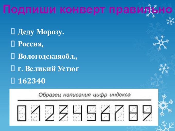 Подпиши конверт правильноДеду Морозу. Россия,Вологодскаяобл.,              